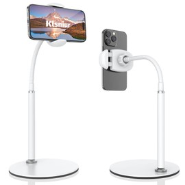Cell Phone Stand, Adjustable Height & Angle Gooseneck Phone Stand for Desk Flexible Arm Universal Phone Holder, Aluminum Alloy Desktop Phone Stand for Recording Compatible with 3.5"-7" Device (White)