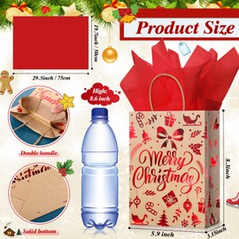24 Pcs Christmas Gift Bags with Tissue Paper, Merry Christmas Xmas Kraft Paper Goodie Bags with Handles Bulk for Christmas Gift Wrapping Holiday Party Supplies (Red Snowflake, Small)