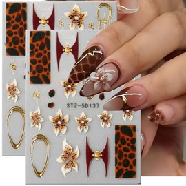 Fall Nail Art Stickers 5D Embossed French Nail Art Decals Self-Adhesive Leopard Print Nails Design Thanksgiving Diamond Nail Supplies Flower Nails Accessories for Women DIY Manicure Decorations 2Pcs