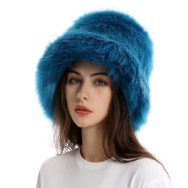 Fuzzy Bucket Hat for Women Winter Fluffy Furry Plush Faux Fur Hats Rainbow Cute Women's Bucket Hats Blue