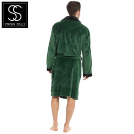 Strong Souls Mens Luxury Fleece Dressing Gown With Satin Trim Collar Dinner Jacket Evening Bath Robe Housecoat Gift for Men Green S