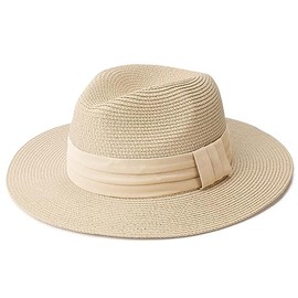 DRESHOW Women Wide Brim Straw Panama Roll up Hat Fedora Beach Sun Hat UPF 50+