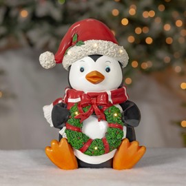 13.5" Tall Large Christmas Figurine Holiday Statues with LED Lights for Both Indoor and Outdoor Use (Pippin Penguin with Wreath)