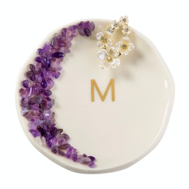 Maxsirui Ceramic Initials Ring Dish with Brazilian Amethyst Inlaid, Cute Room Decor Aesthetic, Decorative Jewelry Tray Trinket Dish, Engagement Wedding Birthday Christmas Gifts for Women (M)