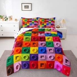 Feelyou Building Blocks Bedding Set Toy Brick Comforter Set for Kids Boys Girls Teens Room Decor Gamers Comforter Queen Size Colorful Toddler Duvet Set 3Pcs