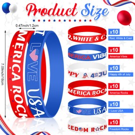 Hollowfly 60 PCS 4th of July Silicone Wristband Patriotic Independence Day Rubber Wristbands Red White and Blue Wristbands Bulk for Adults Kids Gifts Patriotic Accessories Party Favors School Supplies