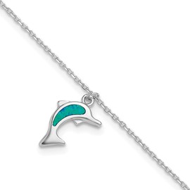 Sonia Jewels Real 925 Sterling Silver Created Blue Opal Dolphin 1in Extension Anklet - with Secure Lobster Lock Clasp 9" (Width = 10mm)