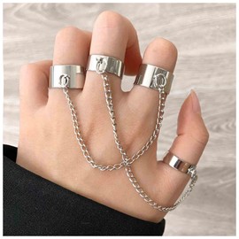 Yheakne Punk Chain Finger Rings Silver Open Cuff Rings Adjustable Ankle Joint Rings Set Stackable Gothic Rings Statement Rings for Women and Girls Gifts