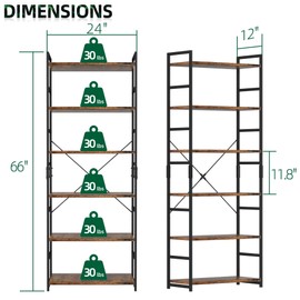 OTK 6 Tier Adjustable Bookshelf, Tall Bookcase, Office Shelf Storage Organizer, Modern Book Shelf for Living Room, Bedroom, and Home Office, Vintage