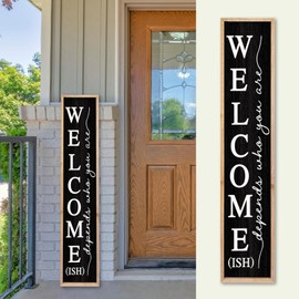 TQianJiang Welcome-ish Sign for Front Porch Standing 45"X9" Wooden Long Vertical Leaner Wood Framed Outdoor Decor (Wood Black)