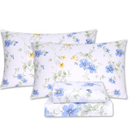 YINFUNG Floral Sheet Set King Cotton Blue Yellow Flower White Deep Pockets 16" Fitted Sheets with Side Pockets 4 Pieces Percale Botanical Pattern Printing French Country Oeko-Tex for Girls