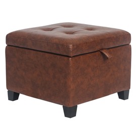 Asense 17 Inch Square Storage Ottoman,Small Foot Rest Stool for Couch, Faux Leather Upholstered Footstool Cube for Entryway Bedroom Living Room, Rust Brown
