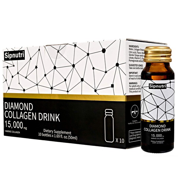 Sipnutri Diamond Liquid Collagen Drink, 15000mg Hydrolyzed Marine Collagen Peptides with Vitamin C, Pomegranate, Healthy Hair Skin Nails Joints Bones Support, 50ml x 10 Bottles