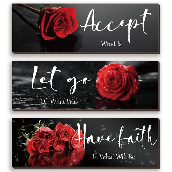 3 Pcs Red Decor Flower Inspirational Wooden Wall Art Red Roses Decor Office Wall Decor with Accept Let Go Have Faith Positive Quotes for Girl Women Bathroom Living Room Bedroom(Red Rose 16 x 5 Inch)