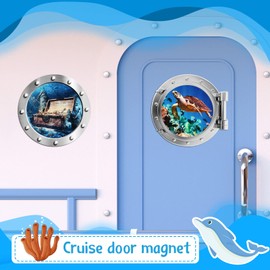 4 Pcs Cruise Porthole Magnets Navigation Beach Cruise Door Magnet Set Palm Tree Treasure Turtle Cruise Door Decorations the Sea Nature Scenery Fridge Decor for Carnival Cruise Refrigerator Car Door
