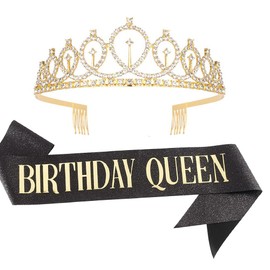 [siawadeky] Birthday Headband, Crown, 2-piece Set, Sparkle, Hair Ornament, Belt Set, Girls, Stylish, Birthday Goods, Princess Type, Hair Hoop, Party Hat, Birthday, Wedding, Commemorative Photo, Stage,