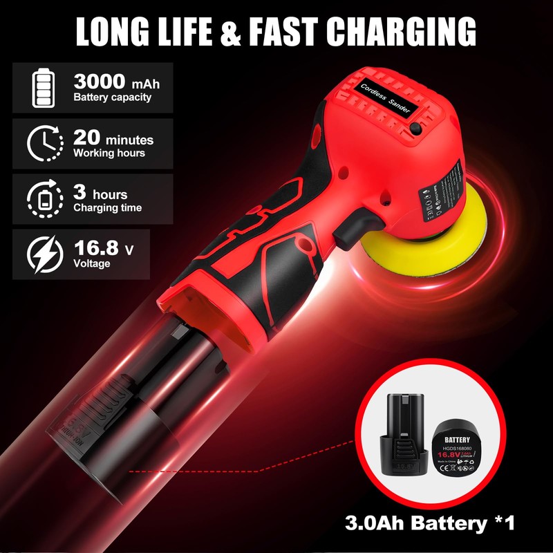 Cordless Sander, 3" Palm Sander with 16.8V 3.0Ah Li-ion Battery,