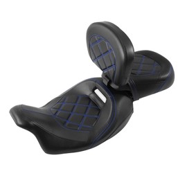 XFMT Low Profile Two-Piece 2-Up Driver Passenger Seat W/Rider Backrest Pad For Harley Touring Road King Street Glide Road Glide Electra Glide CVO 2009-2023, Blue Stitching