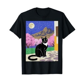 Black Cat Night Scene Cherry Blossom Moon Mountain Art T-Shirt