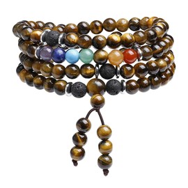 CrystalTears 108 Mala Prayer Beads Wrap Bracelet Necklace Natural Tiger Eye Stone Bracelet Necklace 7 Chakra Reki Healing Crystal Yoga Meditation Gemstone Bracelets for Women Men Gift for Christmas