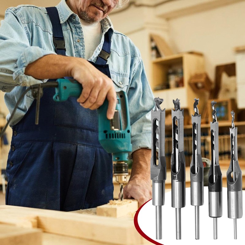 Bordeag 5 Pieces Square Hole Drill Bit Square Mortising Drill