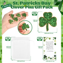 SINCCO 25/50/100 Sets St. Patricks Day Clover Lapel Pins Bulk Shamrock Pin Brooches with Irish Blessing Cards Gift Bags for St. Patrick’s Day Party Favors Jewelry Accessories(25 Sets)