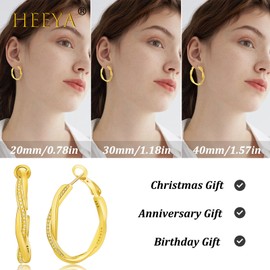 HEEYA Hoop Earrings Sterling Silver 925 Earrings Women's 18K Gold-Plated Twisted Hoop Earrings with Zirconia Hoop Earrings Hypoallergenic for Women Silver/Rose Gold/Gold 20/30/40 mm