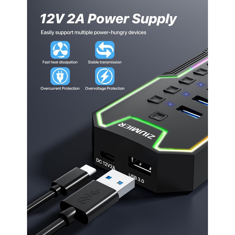 ZIUMIER Powered USB Hub, 10 Ports USB 3.0 Hub with