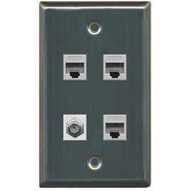 RiteAV 1 Port Coax Cable TV- F-Type 3 Port Cat6 Ethernet Wall Plate - Stainless Steel