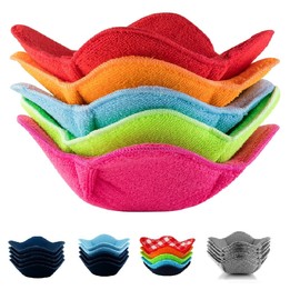 SHILA Bowl Snuggies, Multicolor Set of 5 Microwave-Safe Hot Bowl Holders to Keep Your Hands Cool and Your Food Warm, Polyester & Sponge Heat Resistant Dish Pads for Soup, Rice and Pasta