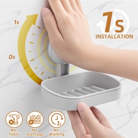 LEVERLOC Soap Dish Holder for Shower Suction Cup Wall Mounted Self Draining NO-Drilling Removable Bar Soap Sponge Holder for Bathroom Bathtub Kitchen Sink Waterproof Strong Vacuum Suction, Grey