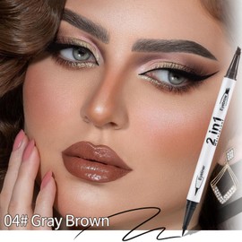 Erinde 2PCS Waterproof Microblading Eyebrow Pen, 4 Fork Tip 3D Eyebrow Contouring Tattoo Pencil, 2-in-1 Dual-Ended Eyebrow Tint Eyeliner, Last All-Day, Create Natural-Looking Brows, Gray Brown