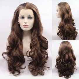 Angle Lucky Brown Lace Wig for Women Synthetic Long Wavy Light Brown Free Part Natural Hairline Wig Heat Resistant Glueless Wigs for Cosplay Makeup Drag Queen