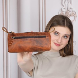 TheAntiq Tan Leather Makeup Bag (8" x 3.5" x 3") - Small Cosmetic Case for Purse, Multipurpose Zippered Make up Case for Travel or Gift, Compact Leather Makeup Case Organizer for Everyday Use