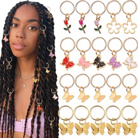 SAWINDA 20PCS Loc Jewelry for Braids Gold Butterfly Flower Hair Rings Multi-color Braid Charms Dreadlock Accessories Hair Pendants Cilps Hairstyle Decoration for Women and Girls