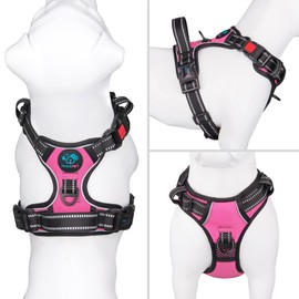 PHOEPET Reflective Dog Harness Large Breed Adjustable No Pull Vest with Handle 2 Metal Rings 3 Buckles [Easy to Put on & Take Off](L, Pink)