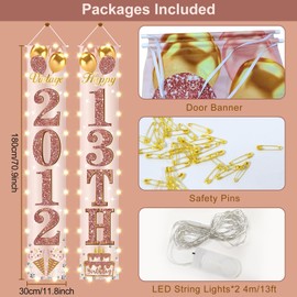 Eiurteao 13th Birthday Party Banner Lighted Decorations for Girls-Pink Rose Gold Vintage 2012 13 Birthday Door Banners with LED Light, Cheers to 13 Years Old Birthday Party Supplies Decor