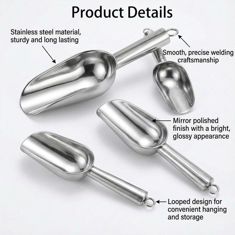 CONEHOY 5 Pcs 3/6/9/12/16 Ounce Stainless Steel Ice Scoop with