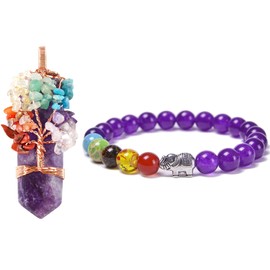 Soulnioi 7 Chakra Tree of Life Amethyst Healing Crystal Pendant, Natural Amethyst Beaded Bracelet Elastic Cord Elephant 7 Chakra Stone Yoga Bracelet, Spiritual Jewellery Gifts for Women