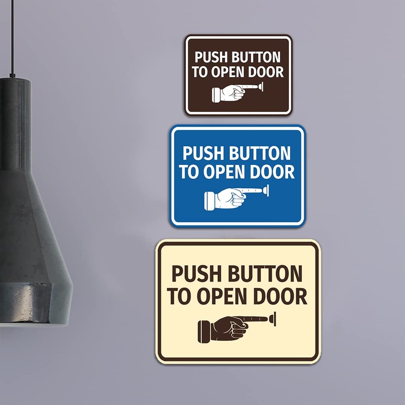Classic Framed Push Button to Open Door Sign (Brushed Silver)