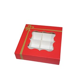 EMPTY SWEET/GIFT BOX - FOOD SAFE - 15x15x3.5cm - 9 or 16 GRID SECTION (RED WITH GOLD BOW, 10 BOXES - 16 GRID SECTIONS)