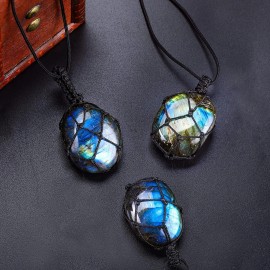 Natural Labradorite Pendant Necklaces Dragon's Heart Braided Cord Necklace Gifts