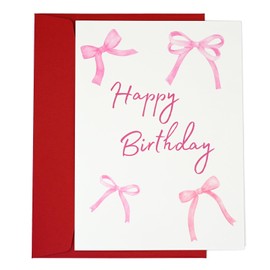 tiangqiwoole Pink Bow Coquette Birthday Card-Girly Happy Birthday Greeting Card for Best Friend Daughter Mom Sister Wife-Cute Fancy Watercolor Design (Pink Bow)