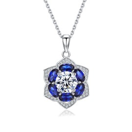 RANDES 4 Carat Sapphire and Diamond Necklaces Sterling Silver Flower Pendant Necklace 18 Inch Chain Dark Blue Preppy Birthstone Necklace