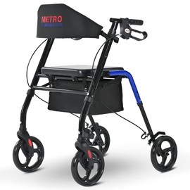 Metro Mobility Rollator Walker with Seat for Seniors, Foldable Lightweight Rolling Walker, 8" Big Wheels for All Terrain, 300 lb. Weight Capacity, Blue