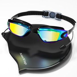 AzureWings Swim Goggles + Swimming Cap for Men Women,No Leak Anti-Fog & UV, HD Mirror Lens Wide Vision for Competitive Racing & Swimming