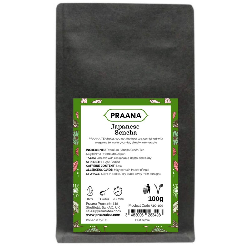 PRAANA TEA Premium Japanese Sencha Loose Green Tea, 100 g,