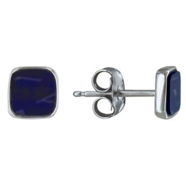 LES POULETTES BIJOUX - Silver Stud Earrings Small Square of Sodalite, Sterling Silver