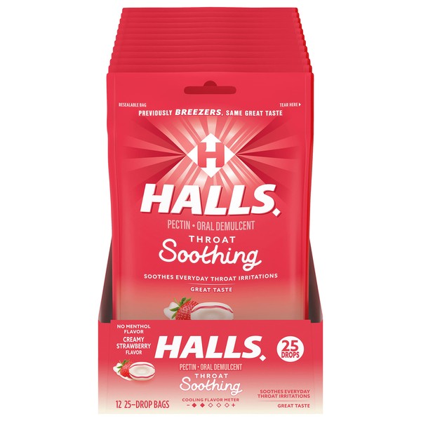 HALLS Throat Soothing (Formerly HALLS Breezers) Creamy Strawberry Throat Drops, 12 Packs of 25 Drops (300 Total Drops)
