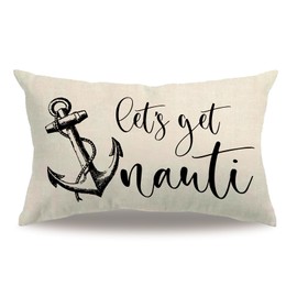 7COLORROOM Beach Theme Pillow Covers Double-Sided Printed Beige Let’s Get Nauti Anchor Coastal Decor Rectangular/Waist Cushion Covers Nautical Summer Home Decor Pillowcases 12”×20” (Beige, 12”×20”)